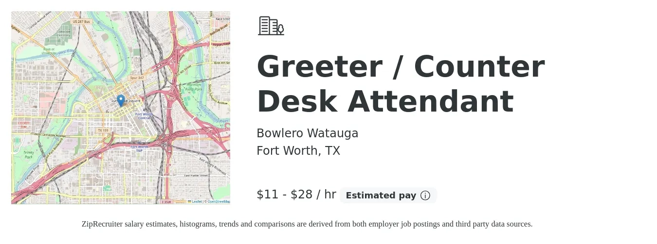 Bowlero Watauga job posting for a Greeter / Counter Desk Attendant in Fort Worth, TX with a salary of $12 to $30 Hourly with a map of Fort Worth location.