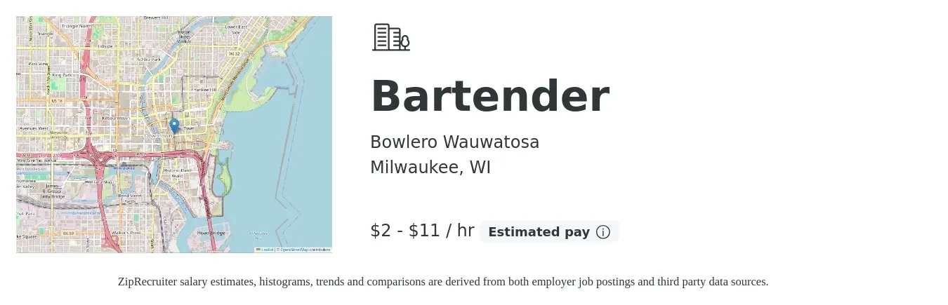 Bowlero Wauwatosa job posting for a Bartender in Milwaukee, WI with a salary of $2 to $12 Hourly with a map of Milwaukee location.