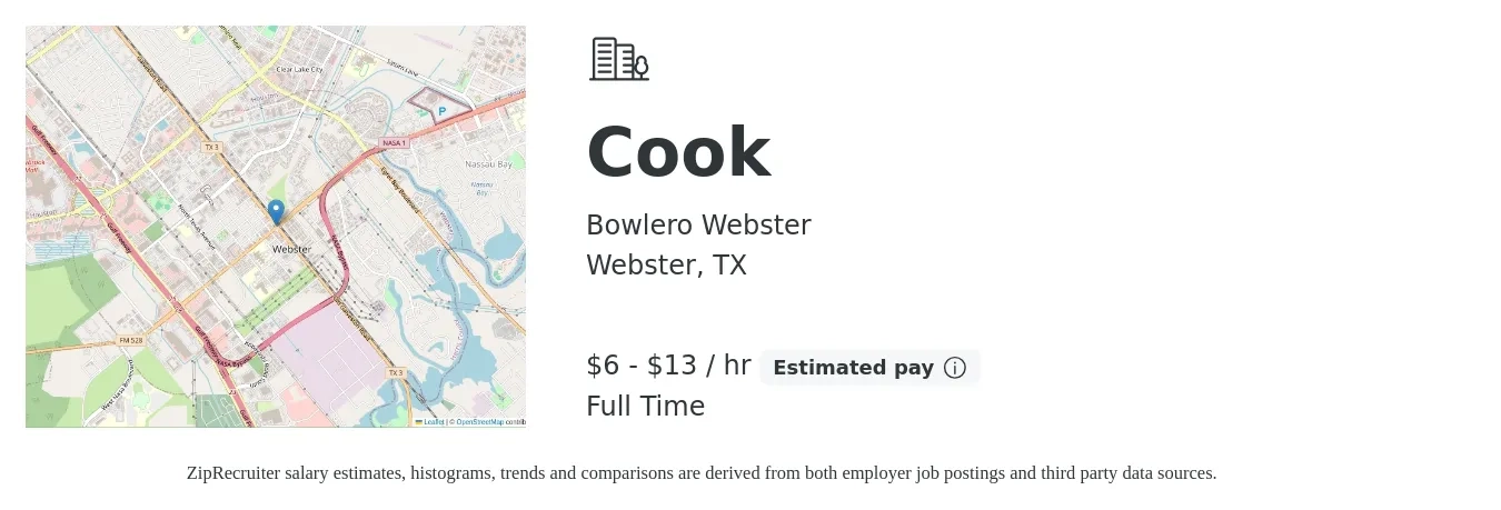 Bowlero Webster job posting for a Cook in Webster, TX with a salary of $7 to $14 Hourly with a map of Webster location.