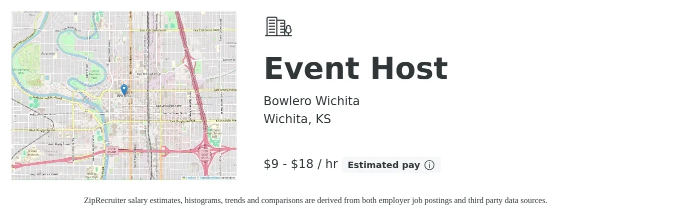 Bowlero Wichita job posting for a Event Host in Wichita, KS with a salary of $9 to $19 Hourly with a map of Wichita location.