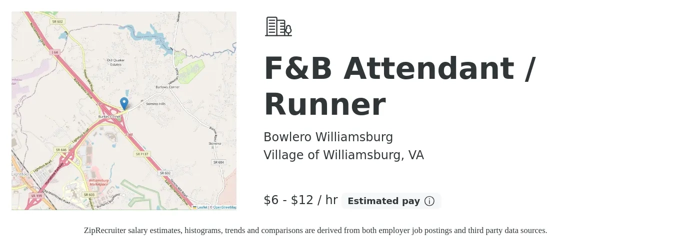 Bowlero Williamsburg job posting for a F&B Attendant / Runner in Village of Williamsburg, VA with a salary of $6 to $13 Hourly with a map of Village of Williamsburg location.