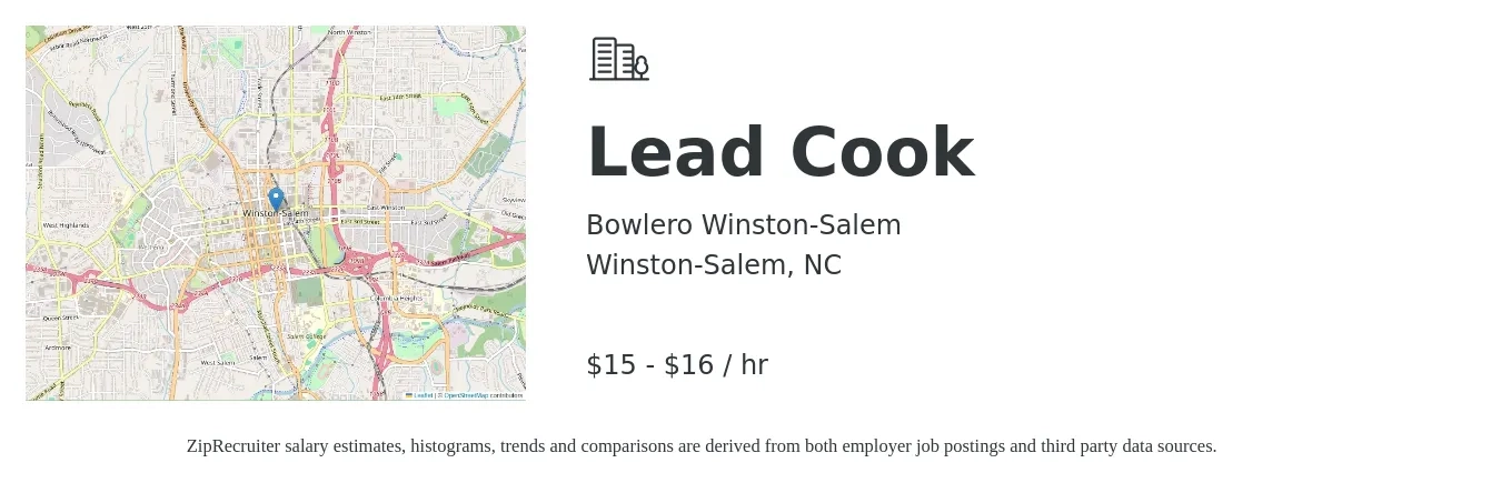 Bowlero Winston-Salem job posting for a Lead Cook in Winston-Salem, NC with a salary of $16 to $17 Hourly with a map of Winston-Salem location.
