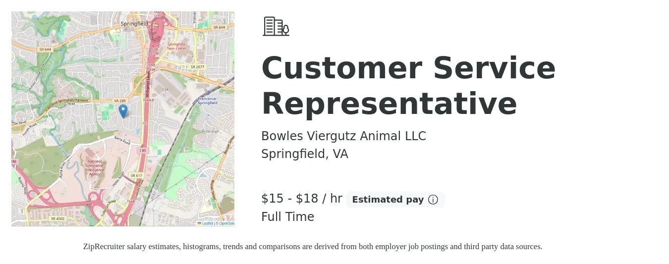 Bowles Viergutz Animal LLC job posting for a Customer Service Representative in Springfield, VA with a salary of $16 to $19 Hourly with a map of Springfield location.