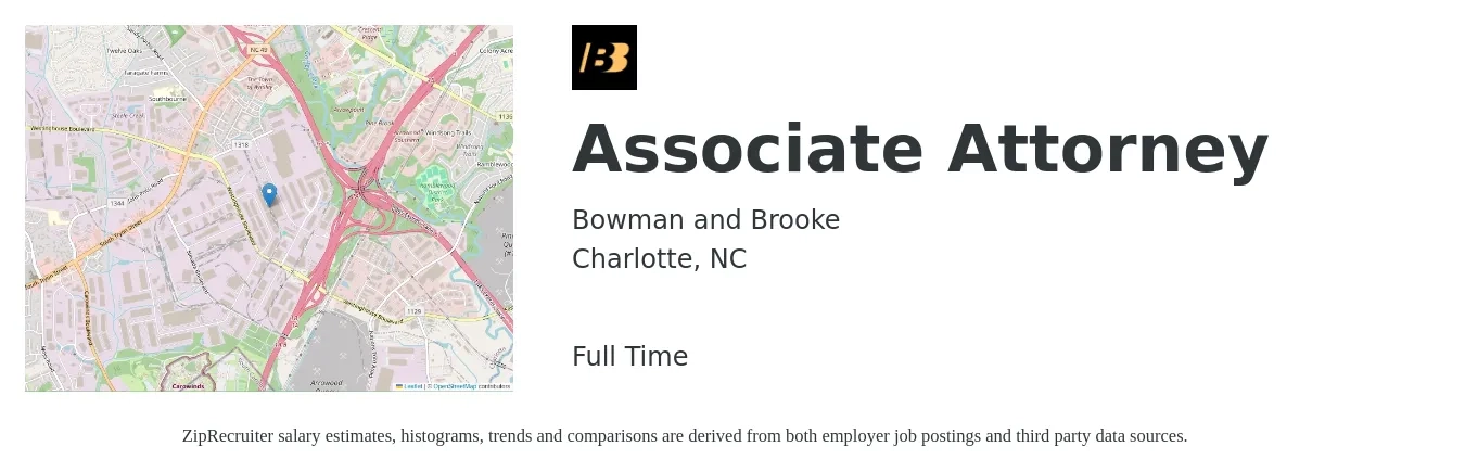 Bowman and Brooke job posting for a Associate Attorney in Charlotte, NC with a salary of $74,800 to $121,500 Yearly with a map of Charlotte location.