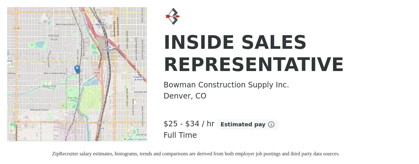 Bowman Construction Supply Inc. job posting for a INSIDE SALES REPRESENTATIVE in Denver, CO with a salary of $55,000 to $75,000 Yearly with a map of Denver location.