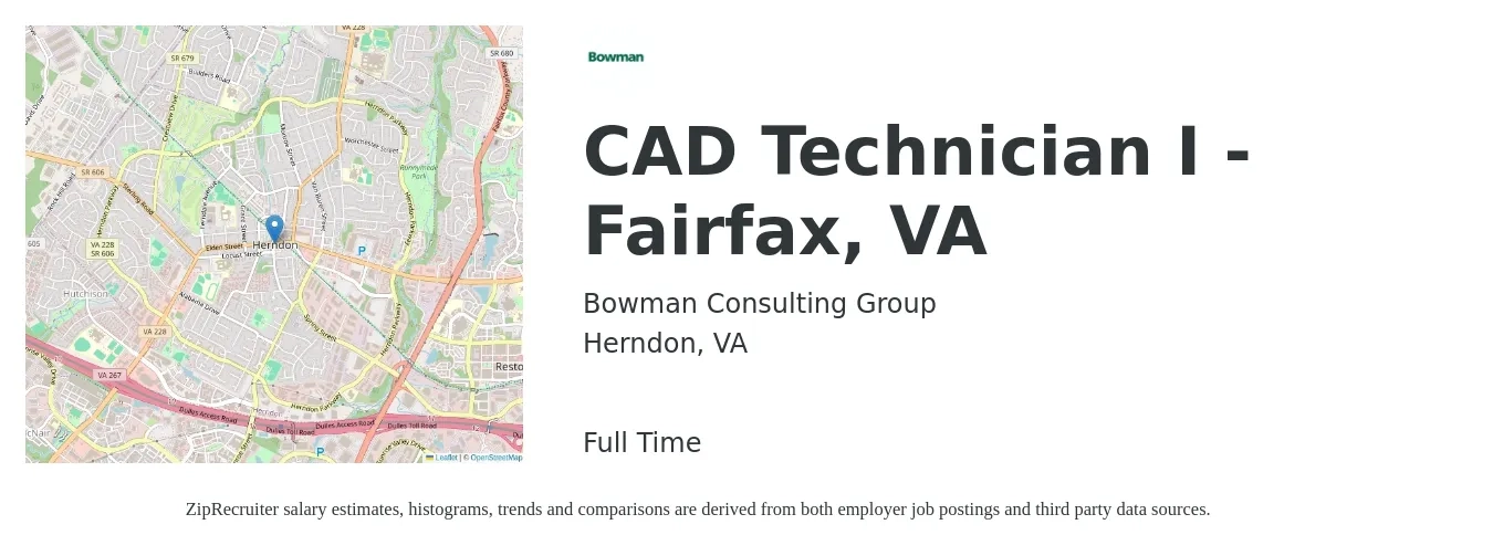Bowman Consulting Group, Ltd. job posting for a CAD Technician I - Fairfax, VA in Herndon, VA with a salary of $22 to $33 Hourly with a map of Herndon location.