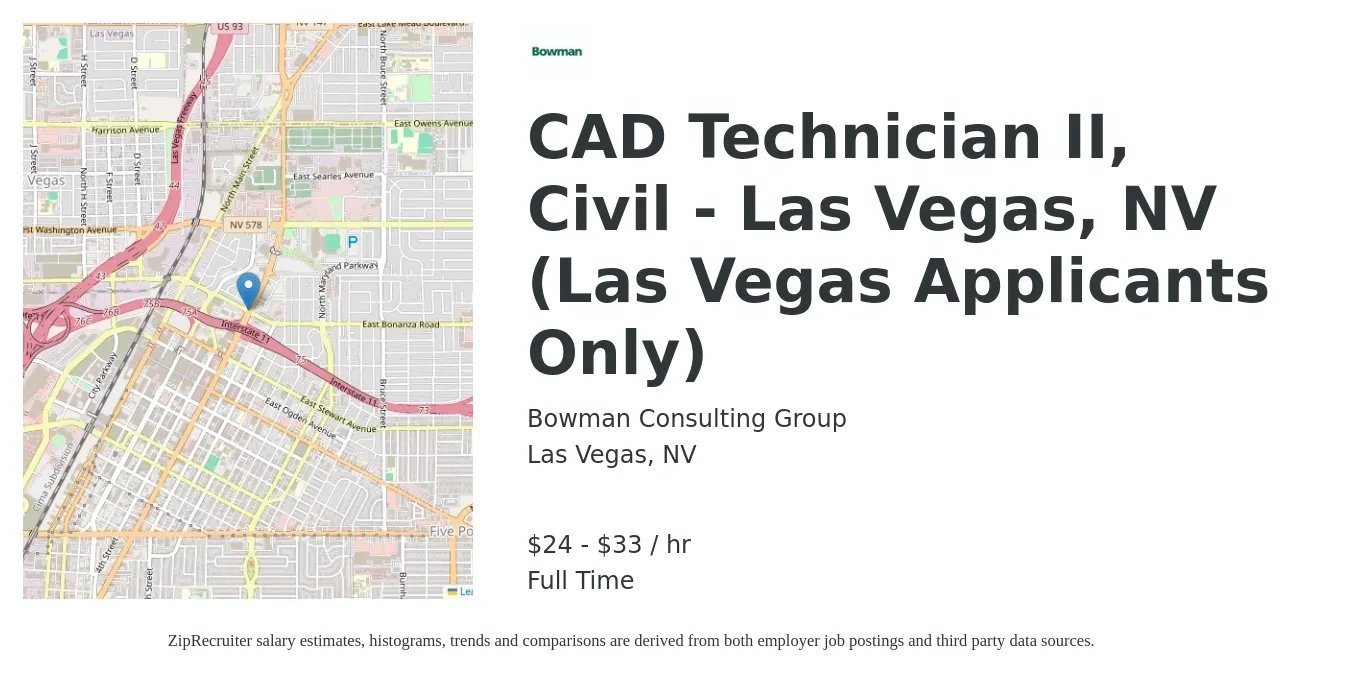 Bowman Consulting Group job posting for a CAD Technician II, Civil - Las Vegas, NV (Las Vegas Applicants Only) in Las Vegas, NV with a salary of $25 to $35 Hourly with a map of Las Vegas location.