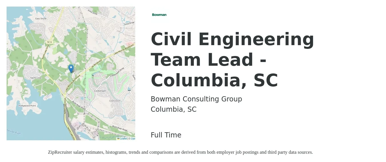 Bowman Consulting Group job posting for a Civil Engineering Team Lead - Columbia, SC in Columbia, SC with a salary of $91,100 to $118,400 Yearly with a map of Columbia location.