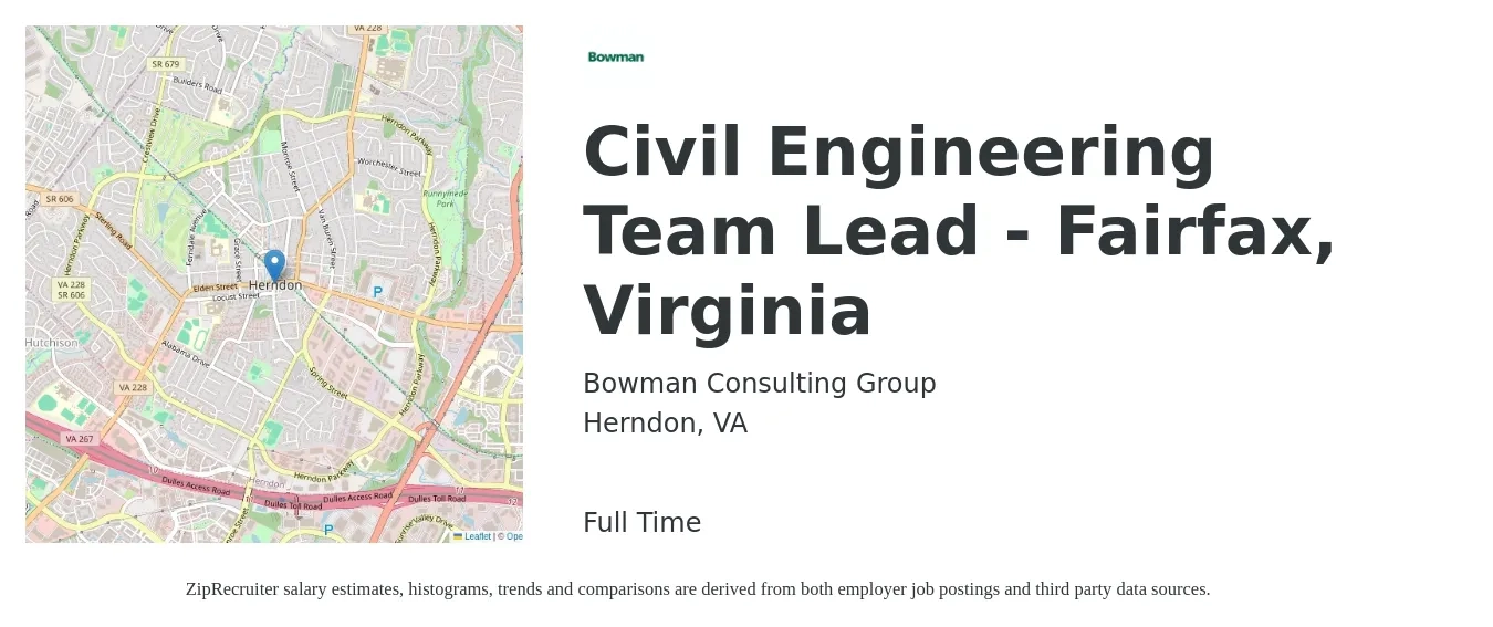 Bowman Consulting Group job posting for a Civil Engineering Team Lead - Fairfax, Virginia in Herndon, VA with a salary of $69,400 to $101,300 Yearly with a map of Herndon location.