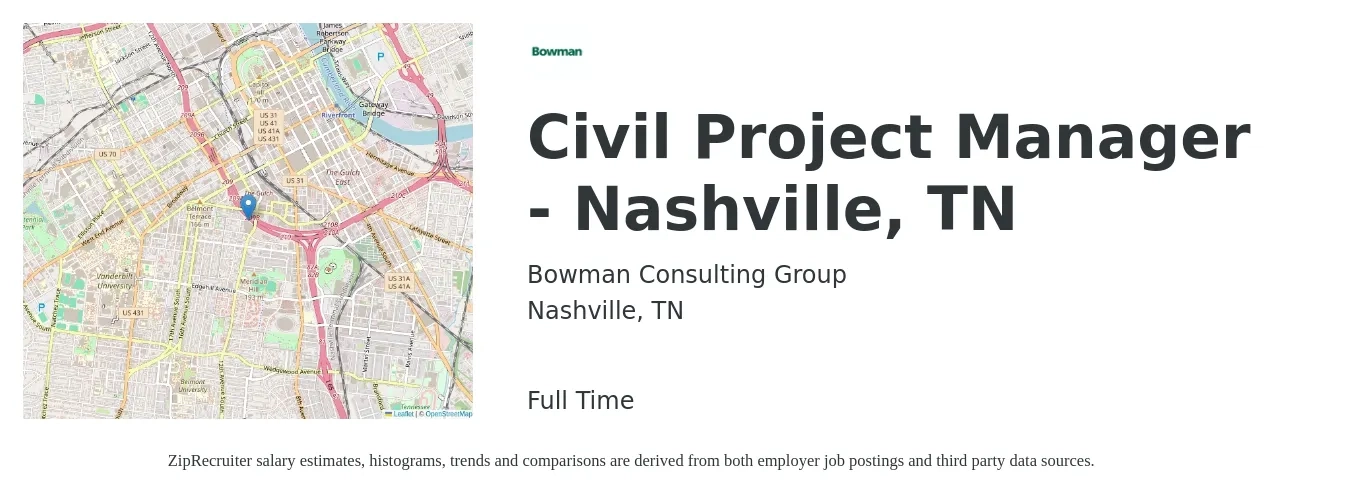 Bowman Consulting Group, Ltd. job posting for a Civil Project Manager - Nashville, TN in Nashville, TN with a salary of $75,900 to $118,900 Yearly with a map of Nashville location.