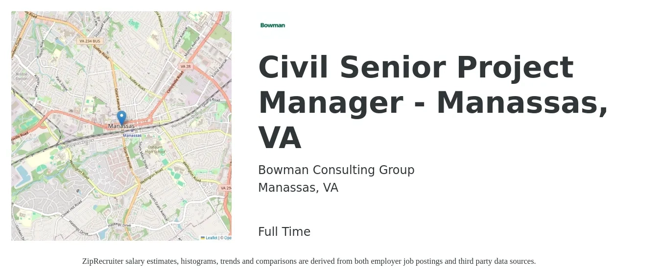 Bowman Consulting Group, Ltd. job posting for a Civil Senior Project Manager - Manassas, VA in Manassas, VA with a salary of $103,500 to $146,000 Yearly with a map of Manassas location.