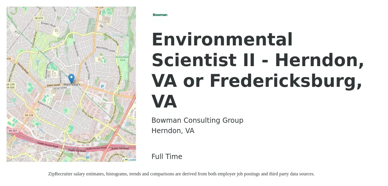 Bowman Consulting Group job posting for a Environmental Scientist II - Herndon, VA or Fredericksburg, VA in Herndon, VA with a salary of $77,100 to $101,300 Yearly with a map of Herndon location.