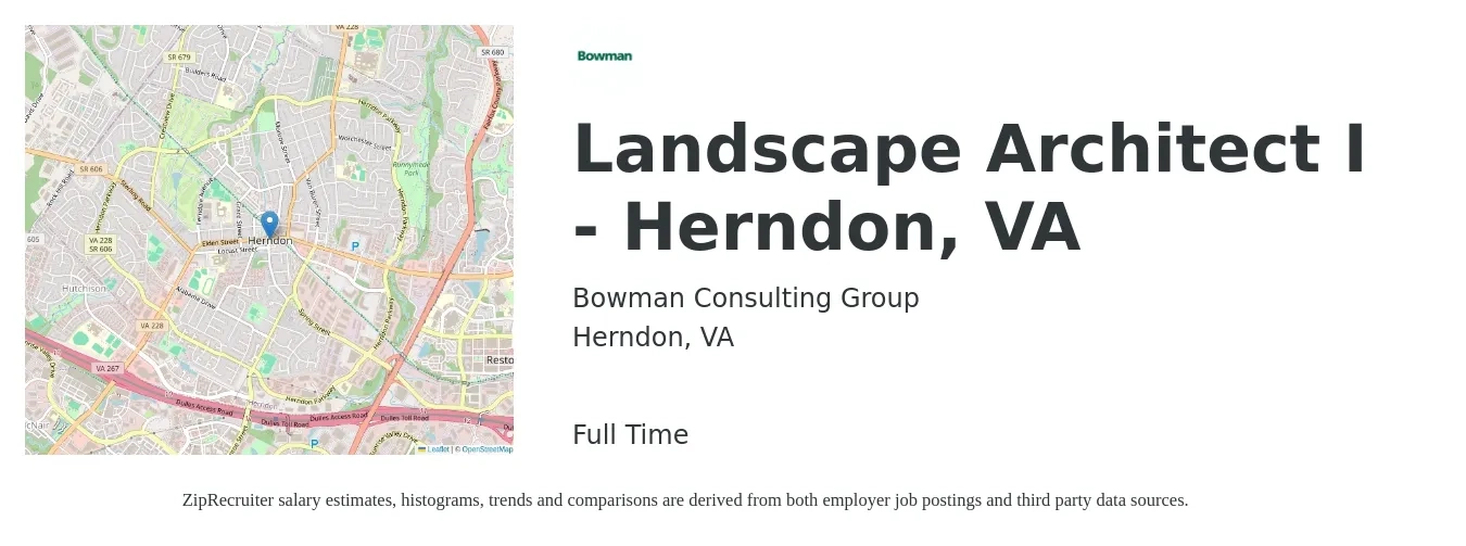 Bowman Consulting Group job posting for a Landscape Architect I - Herndon, VA in Herndon, VA with a salary of $71,000 to $97,700 Yearly with a map of Herndon location.
