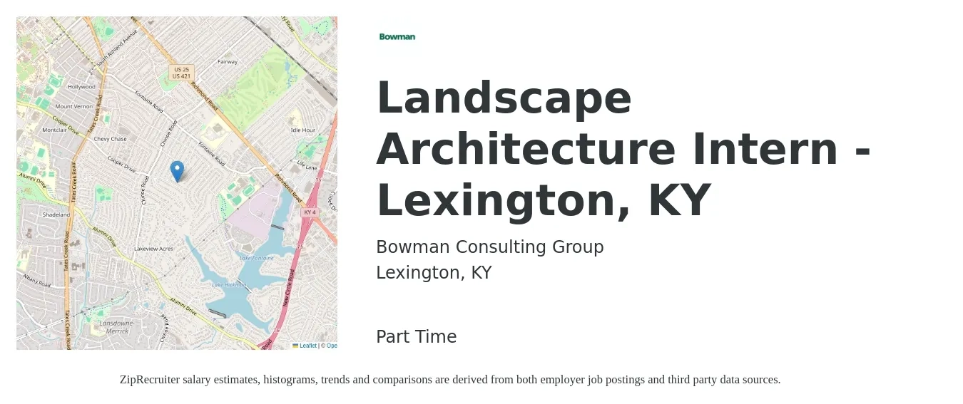 Bowman Consulting Group job posting for a Landscape Architecture Intern - Lexington, KY in Lexington, KY with a salary of $16 to $24 Hourly with a map of Lexington location.
