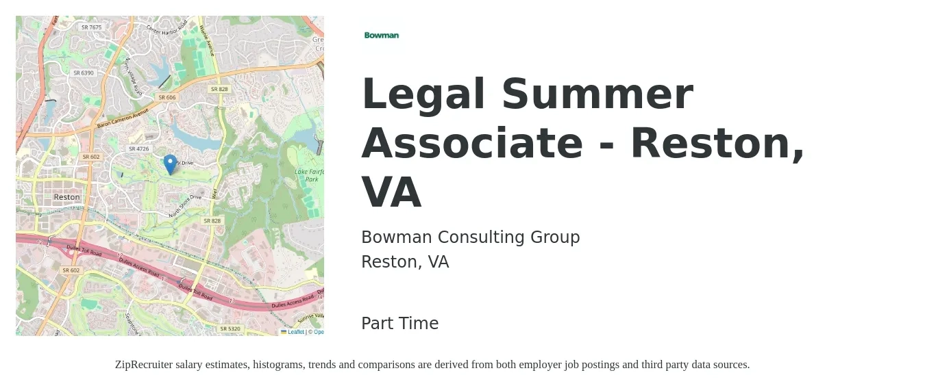 Bowman Consulting Group job posting for a Legal Summer Associate - Reston, VA in Reston, VA with a salary of $21 to $37 Hourly with a map of Reston location.