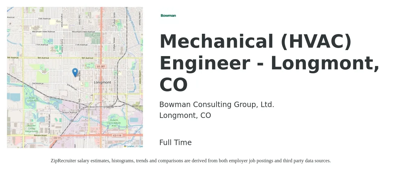 Bowman Consulting Group, Ltd. job posting for a Mechanical (HVAC) Engineer - Longmont, CO in Longmont, CO with a salary of $80,600 to $125,100 Yearly with a map of Longmont location.