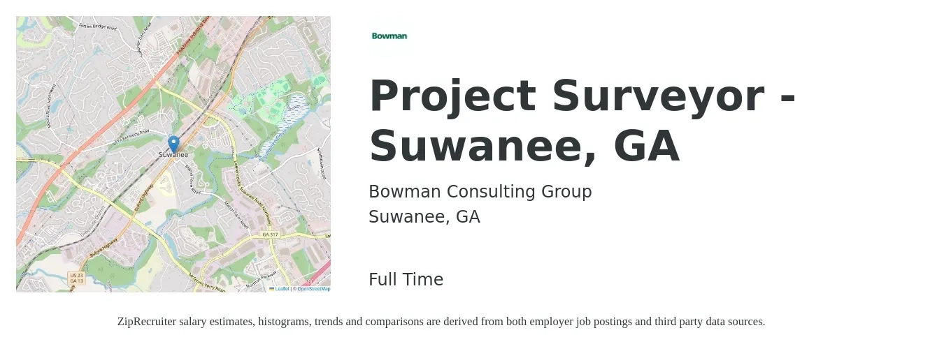 Bowman Consulting Group, Ltd. job posting for a Project Surveyor - Suwanee, GA in Suwanee, GA with a salary of $48,900 to $85,200 Yearly with a map of Suwanee location.