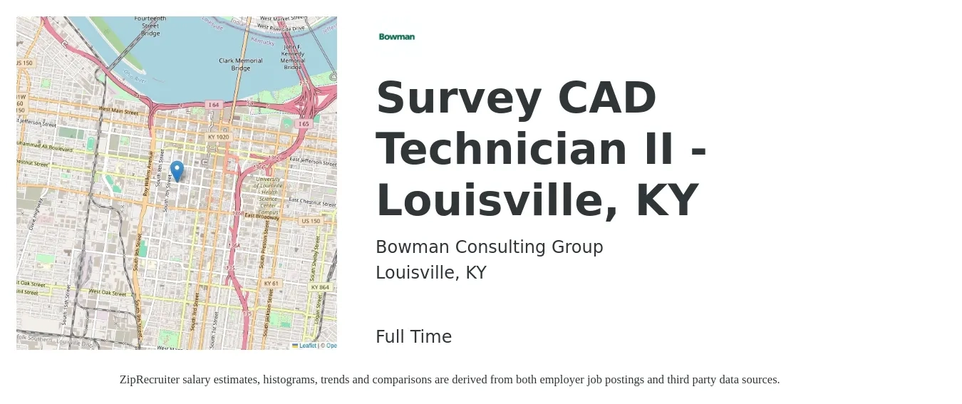 Bowman Consulting Group, Ltd. job posting for a Survey CAD Technician II - Louisville, KY in Louisville, KY with a salary of $20 to $30 Hourly with a map of Louisville location.