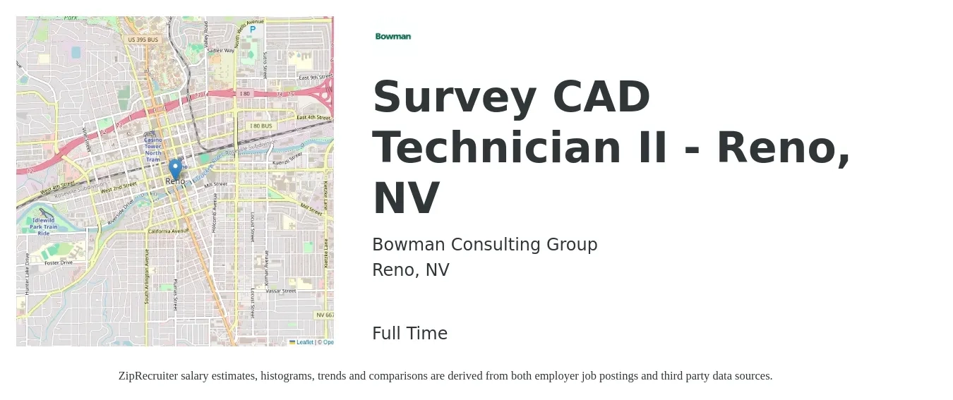 Bowman Consulting Group, Ltd. job posting for a Survey CAD Technician II - Reno, NV in Reno, NV with a salary of $22 to $32 Hourly with a map of Reno location.
