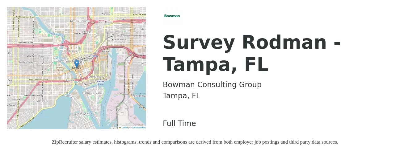 Bowman Consulting Group job posting for a Survey Rodman - Tampa, FL in Tampa, FL with a salary of $15 to $17 Hourly with a map of Tampa location.