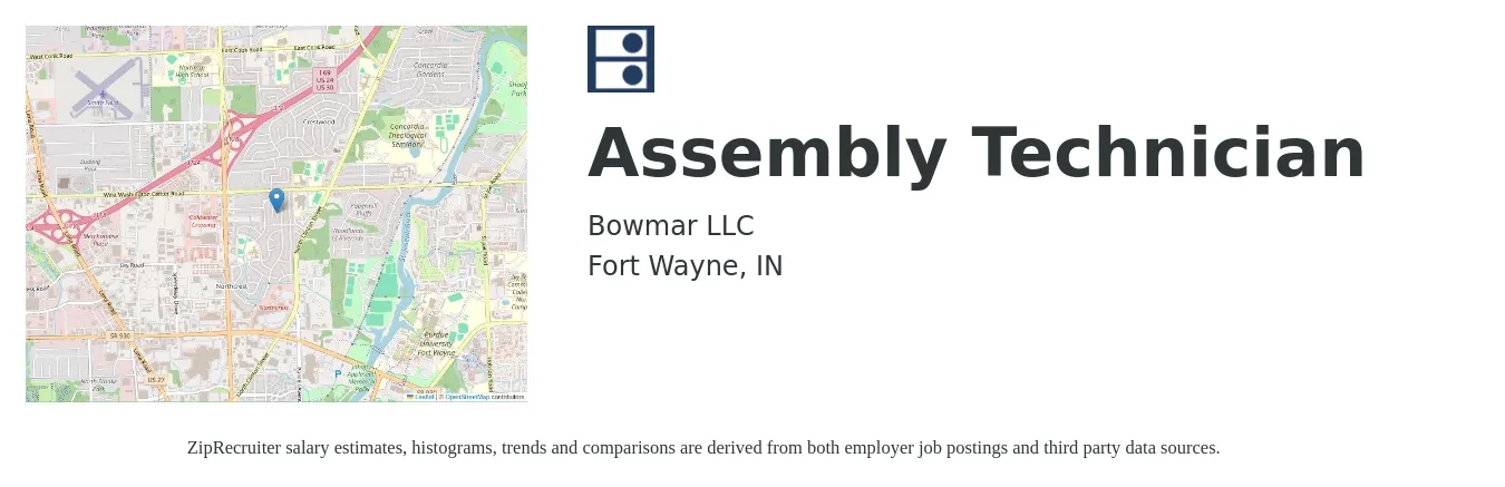 Bowmar LLC job posting for a Assembly Technician in Fort Wayne, IN with a salary of $24 to $25 Hourly with a map of Fort Wayne location.