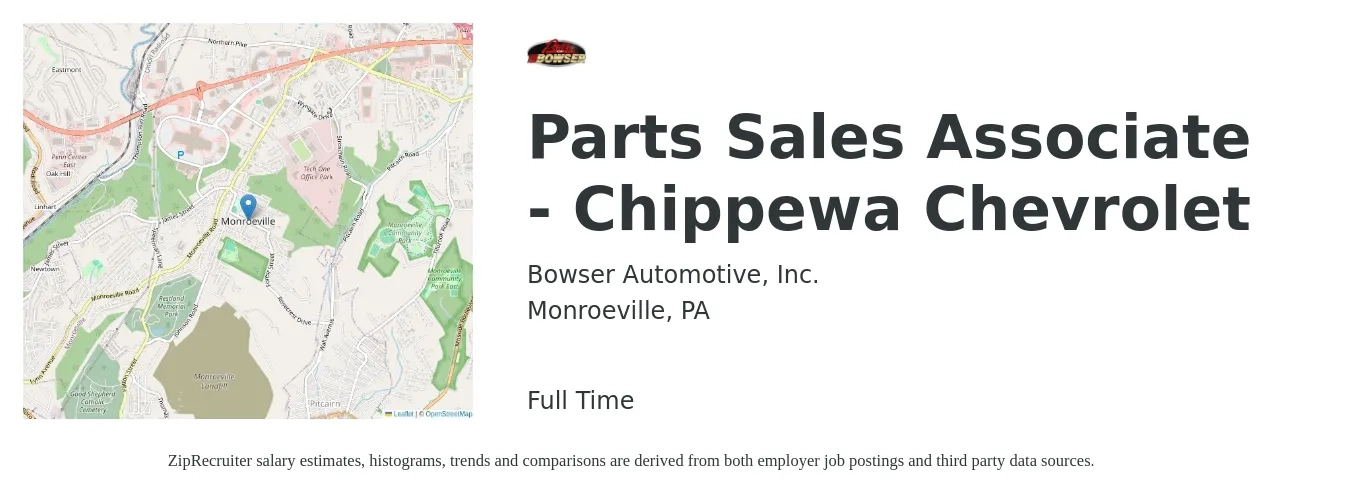 Bowser Automotive, Inc. job posting for a Parts Sales Associate - Chippewa Chevrolet in Monroeville, PA with a salary of $16 to $23 Hourly with a map of Monroeville location.