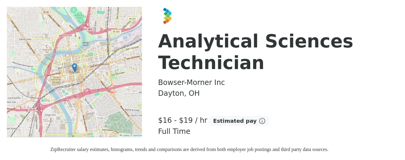 Bowser-Morner Inc job posting for a Analytical Sciences Technician in Dayton, OH with a salary of $17 to $20 Hourly with a map of Dayton location.