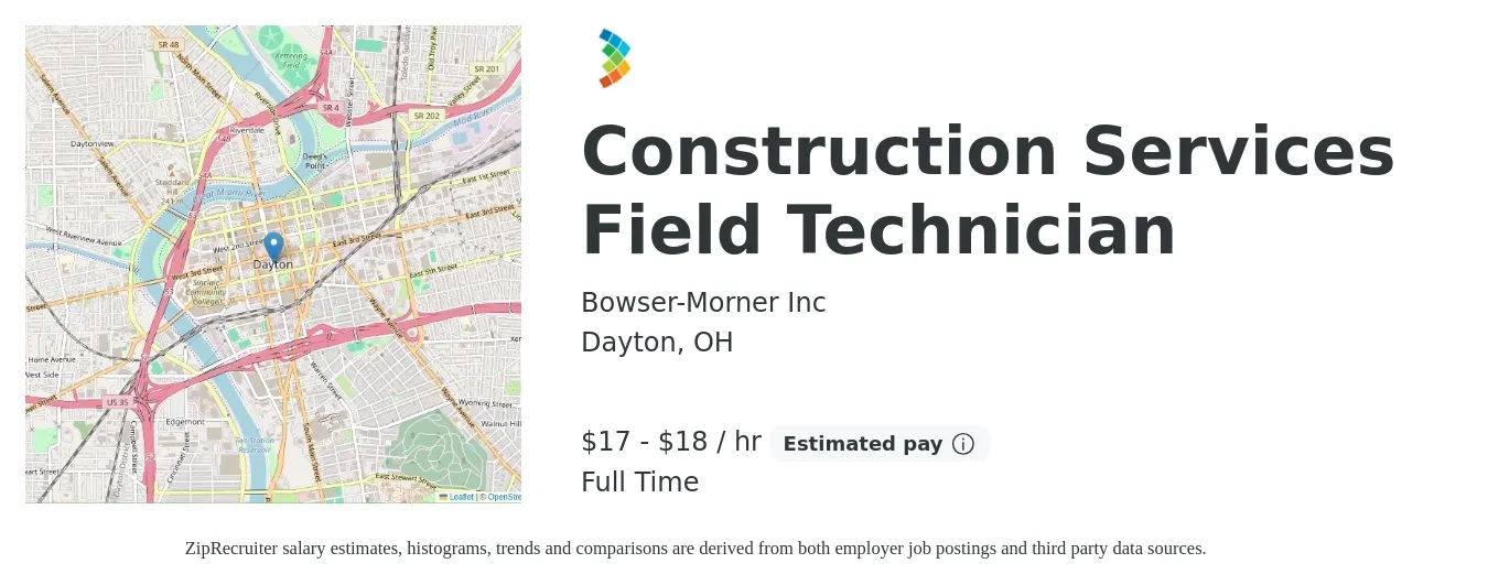 Bowser-Morner Inc job posting for a Construction Services Field Technician in Dayton, OH with a salary of $18 to $19 Hourly with a map of Dayton location.