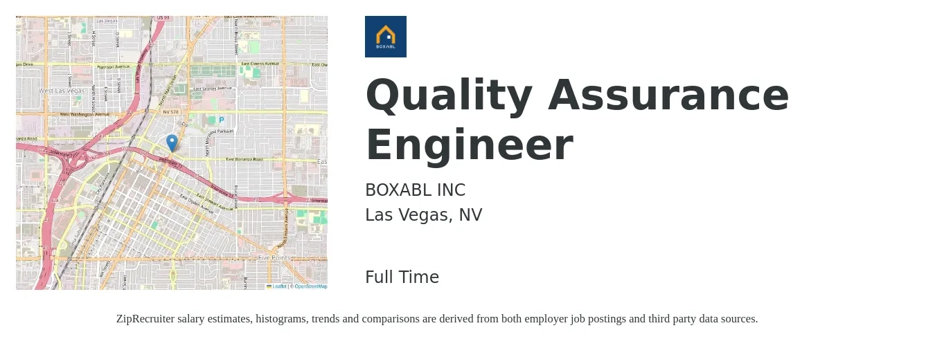 BOXABL INC job posting for a Quality Assurance Engineer in Las Vegas, NV with a salary of $74,300 to $104,800 Yearly with a map of Las Vegas location.