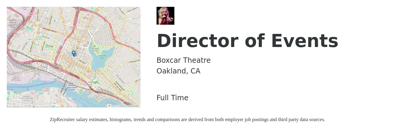 Boxcar Theatre job posting for a Director of Events in Oakland, CA with a salary of $70,000 to $90,000 Yearly and benefits including medical, pto, and retirement with a map of Oakland location.