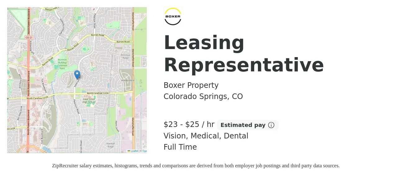 Boxer Property job posting for a Leasing Representative in Colorado Springs, CO with a salary of $24 to $26 Hourly and benefits including retirement, vision, dental, life_insurance, medical, and pto with a map of Colorado Springs location.