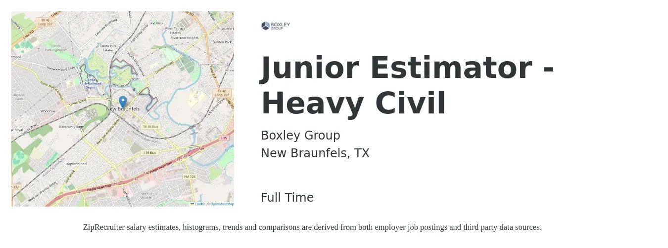 Boxley Group job posting for a Junior Estimator - Heavy Civil in New Braunfels, TX with a salary of $40,800 to $62,700 Yearly with a map of New Braunfels location.