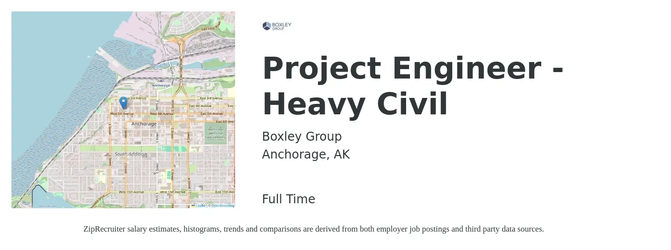 Boxley Group job posting for a Project Engineer - Heavy Civil in Anchorage, AK with a salary of $86,900 to $116,000 Yearly with a map of Anchorage location.