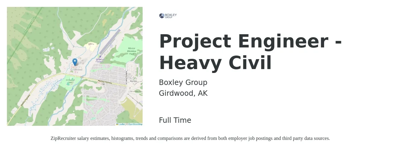 Boxley Group job posting for a Project Engineer - Heavy Civil in Girdwood, AK with a salary of $89,100 to $119,000 Yearly with a map of Girdwood location.