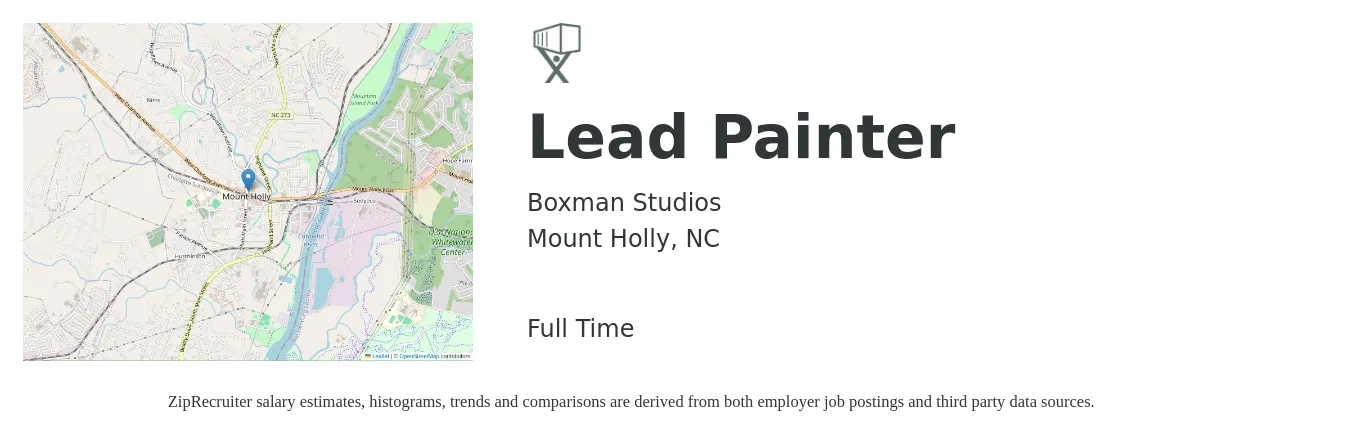 Boxman Studios job posting for a Lead Painter in Mount Holly, NC with a salary of $21 to $26 Hourly with a map of Mount Holly location.