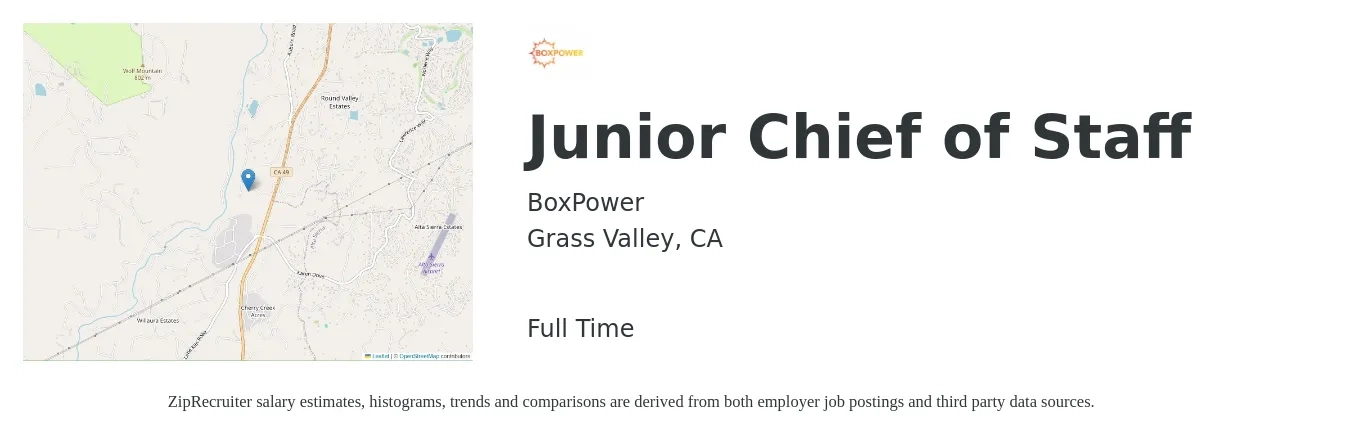 BoxPower job posting for a Junior Chief of Staff in Grass Valley, CA with a salary of $66,560 Yearly with a map of Grass Valley location.