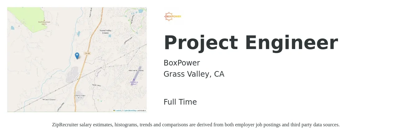 BoxPower job posting for a Project Engineer in Grass Valley, CA with a salary of $75,000 to $85,000 Yearly with a map of Grass Valley location.