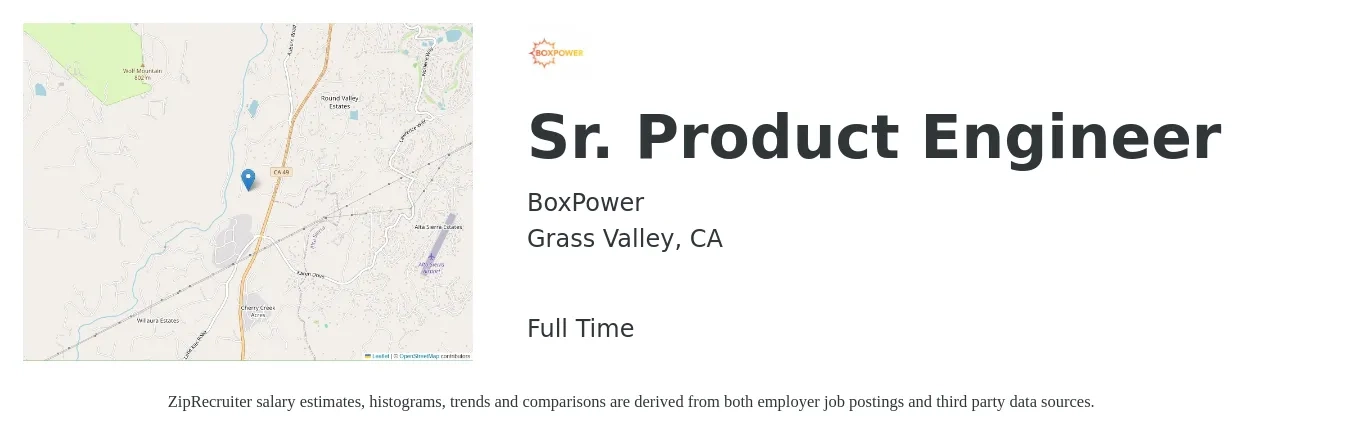 BoxPower job posting for a Sr. Product Engineer in Grass Valley, CA with a salary of $90,000 to $120,000 Yearly with a map of Grass Valley location.