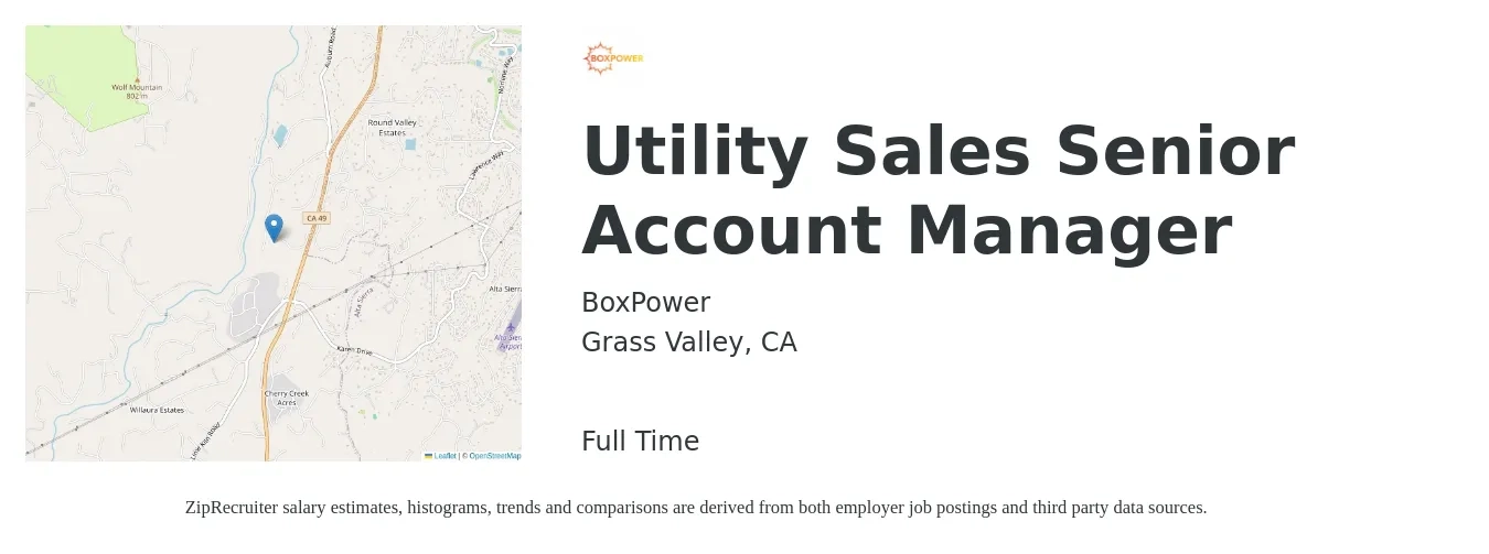 BoxPower job posting for a Utility Sales Senior Account Manager in Grass Valley, CA with a salary of $110,000 to $130,000 Yearly with a map of Grass Valley location.