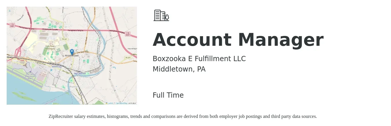 Boxzooka E Fulfillment LLC job posting for a Account Manager in Middletown, PA with a salary of $46,300 to $75,700 Yearly with a map of Middletown location.