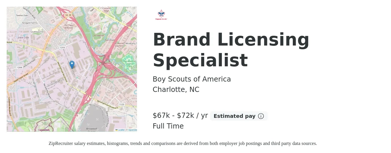 Boy Scouts of America job posting for a Brand Licensing Specialist in Charlotte, NC with a salary of $67,000 to $72,000 Yearly with a map of Charlotte location.