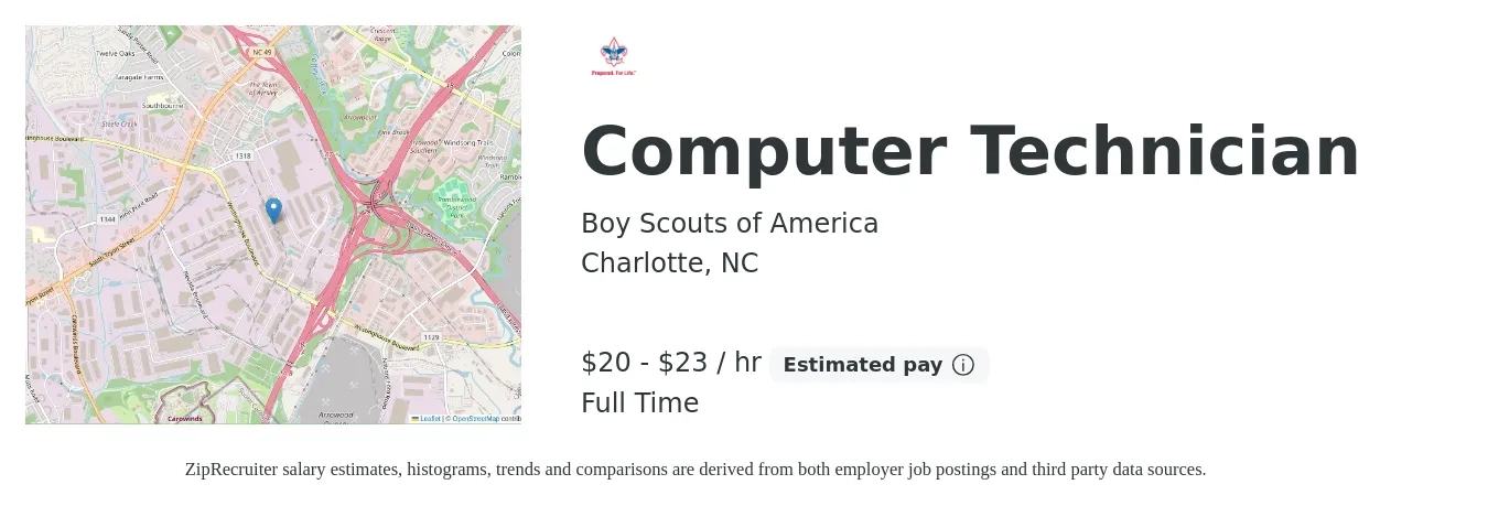 Boy Scouts of America job posting for a Computer Technician in Charlotte, NC with a salary of $22 to $24 Hourly with a map of Charlotte location.