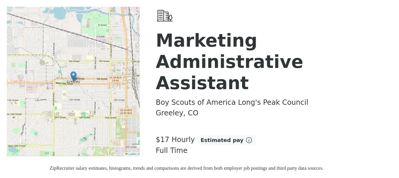 Boy Scouts of America Long's Peak Council job posting for a Marketing Administrative Assistant in Greeley, CO with a salary of $18 Hourly with a map of Greeley location.