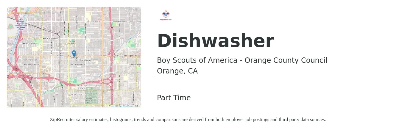 Boy Scouts of America - Orange County Council job posting for a Dishwasher in Orange, CA with a salary of $16 to $17 Hourly with a map of Orange location.