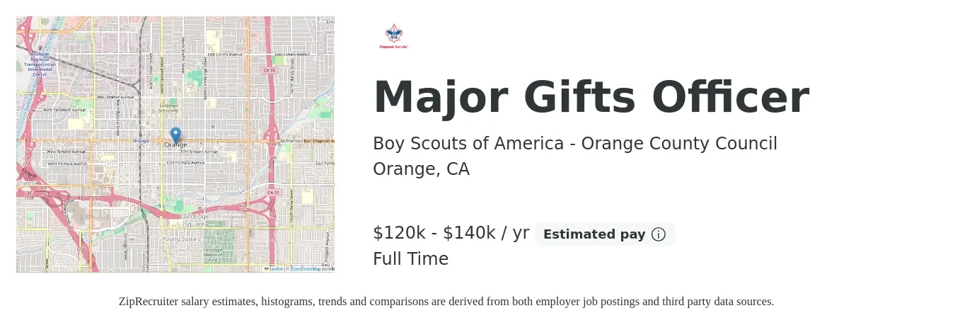 Boy Scouts of America - Orange County Council job posting for a Major Gifts Officer in Orange, CA with a salary of $120,000 to $140,000 Yearly with a map of Orange location.