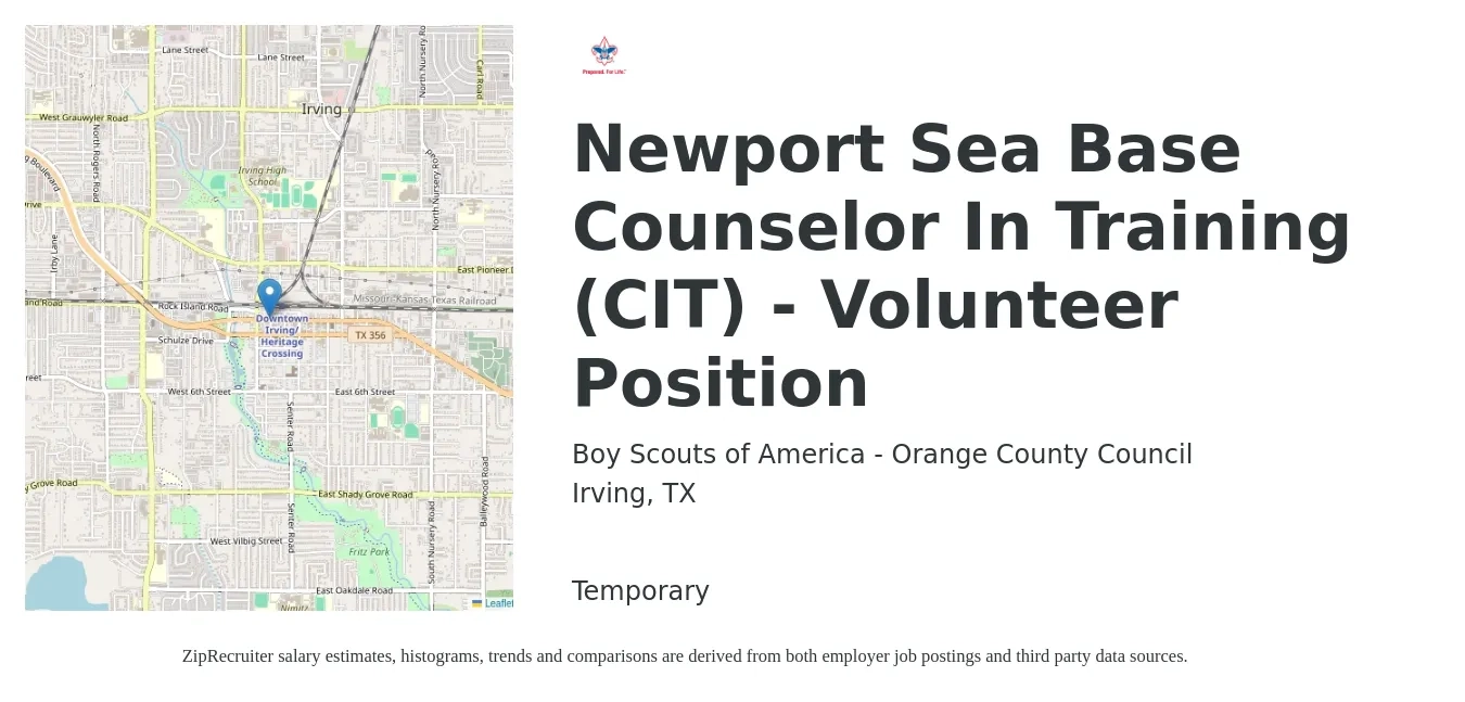 Boy Scouts of America - Orange County Council job posting for a Newport Sea Base Counselor In Training (CIT) - Volunteer Position in Irving, TX with a salary of $18 to $23 Hourly with a map of Irving location.