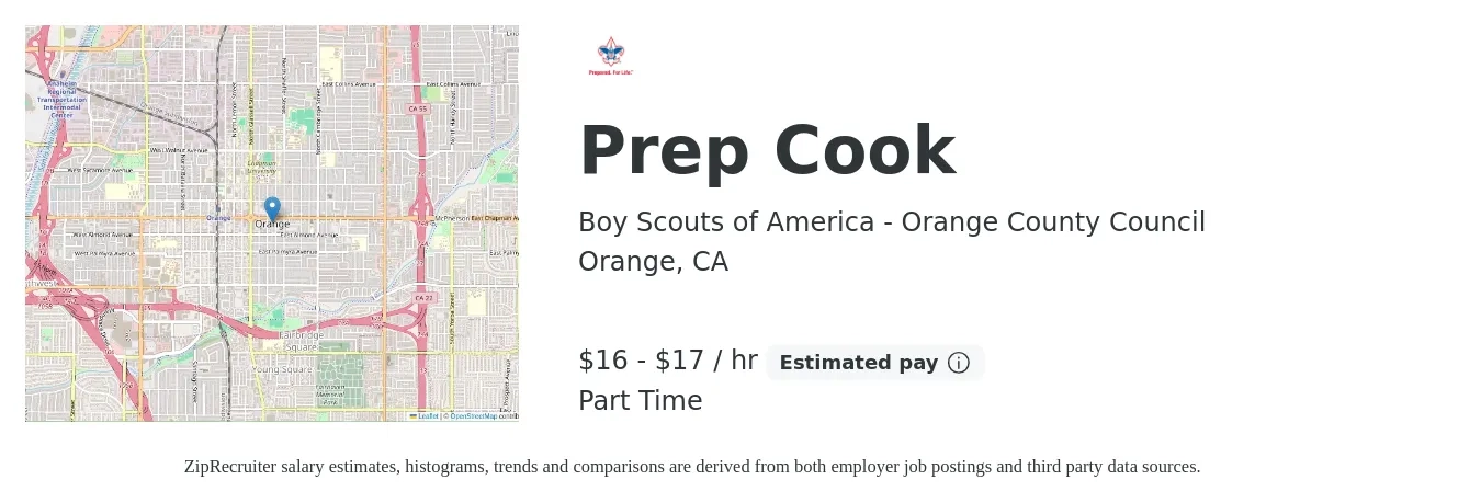 Boy Scouts of America - Orange County Council job posting for a Prep Cook in Orange, CA with a salary of $17 to $18 Hourly with a map of Orange location.