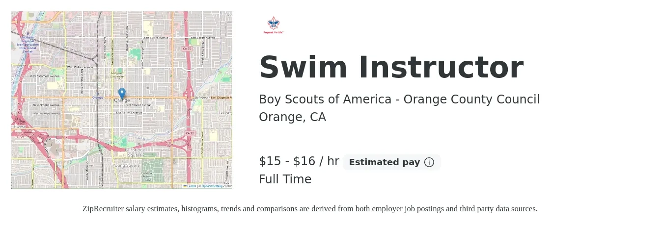 Boy Scouts of America - Orange County Council job posting for a Swim Instructor in Orange, CA with a salary of $16 to $17 Hourly with a map of Orange location.