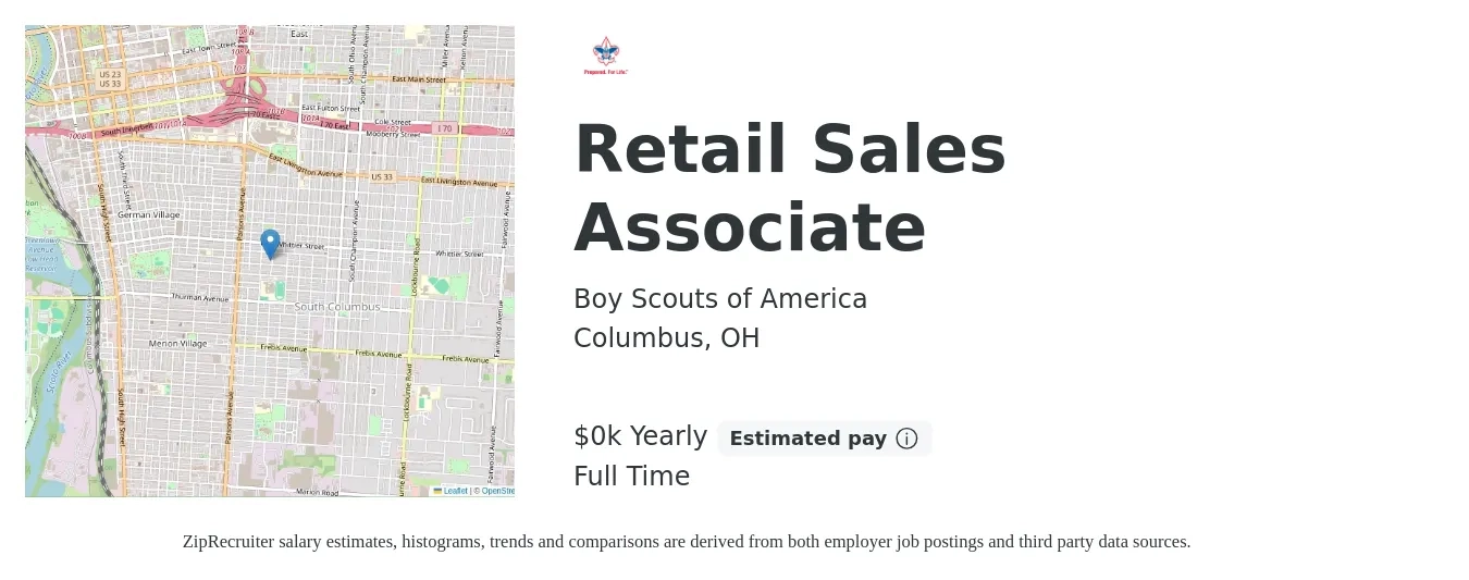 Boy Scouts of America job posting for a Retail Sales Associate in Columbus, OH with a salary of $14 Yearly with a map of Columbus location.