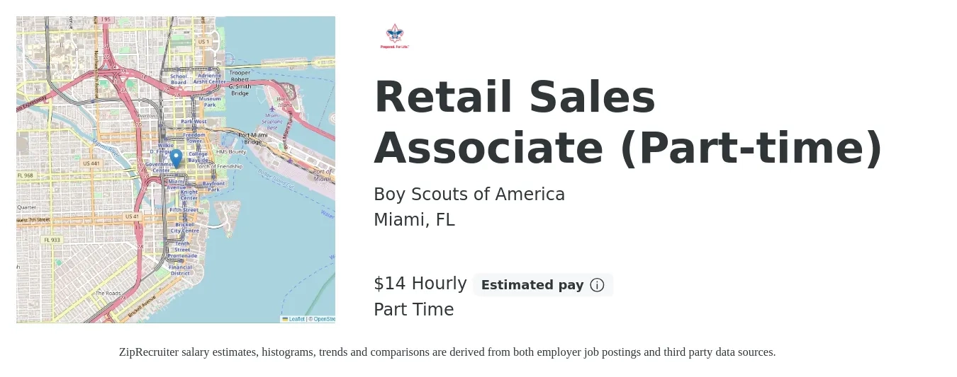Boy Scouts of America job posting for a Retail Sales Associate (Part-time) in Miami, FL with a salary of $15 Hourly with a map of Miami location.
